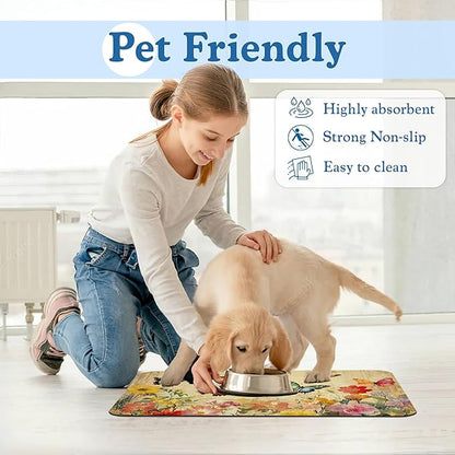 Vintage Butterfly Floral Pet Food Mat for Cats and Dogs–Christmas Stocking Absorbent Quick Dry Feeding Placemat, Non Slip Rubber Base, Waterproof Bowl Mat for Indoor Use, Pet Supplies 12"x20"