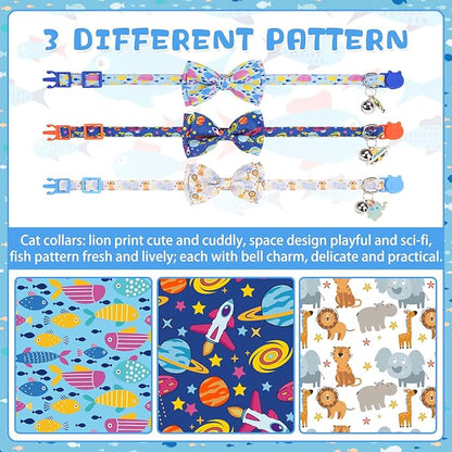 KOOLTAIL Boy Cat Collar Breakaway with Removable Bow Tie and Bell,3 Pack Fancy Cute Safety Buckle Kitten Collars with Charm Pendant, Adjustable Soft Pet Collars for Kitty Small Cats