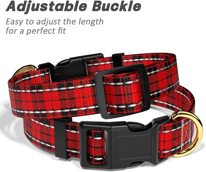 Reflective Dog Collar for Small Dogs, Cute Boho Adjustable Heavy-Duty Nylon Puppy Collar for Boy and Girl Female, Soft Pet Accessories with Quick Release Buckle, Black Red Tartan