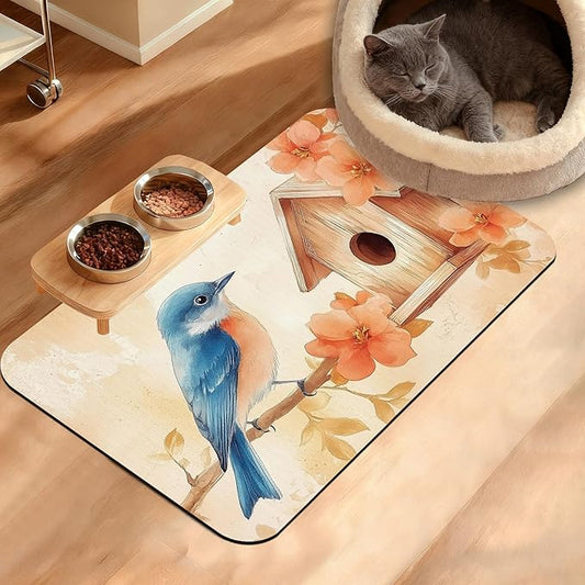 Dog Bowl Mat,Blue Bird Pet Feeding Mat for Floors Waterproof,Fall Leaves Absorbent Dogs Placemat for Food and Water Quick Dry Pet Cat Feeding Mats with Non Slip Bottom 16" x 24"