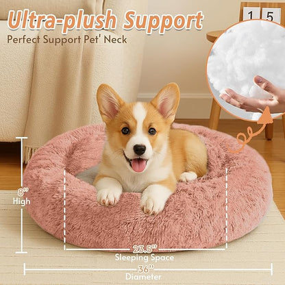 JOLLYVOGUE Calming Dog Bed Large Size Dog, Anti-Anxiety Donut Large Pet Bed, 36 inches Fluffy Faux Fur Round Cat Bed, Fits up to 75 lbs Pets (Peach Pink)