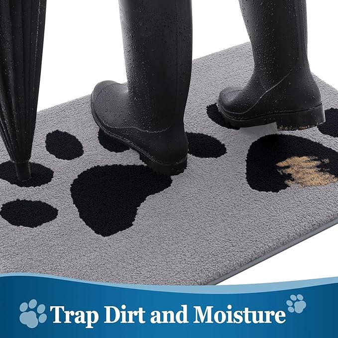 Buganda Dog Door Mat for Muddy Paws, Absorbent Dirt Trapper Washable Indoor Doormats, Non Slip Low-Profile Mud Mat for Dogs, Front Entrance Doormat for Inside Floor (70x24 Inches, Grey)