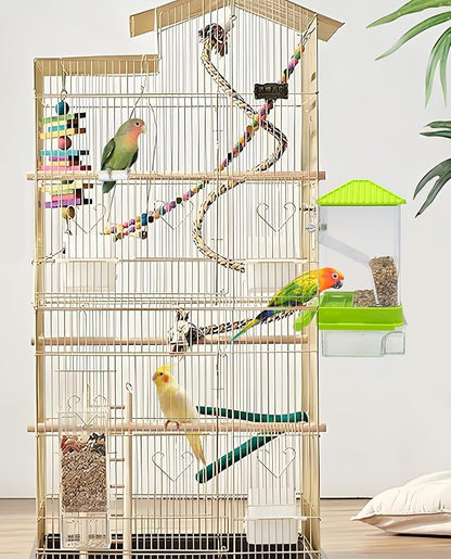 Hamiledyi Automatic Bird Feeder No Mess Bird Cage Feeder Seed Food Container with Perch Transparent Parrot Cage Accessories for Parakeets, Budgies, Cockatoos, Finches, Lovebirds, Canaries (Green)