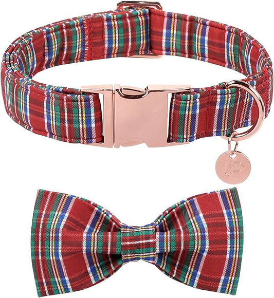 Christmas Plaid Dog Collar with Bow, Red and Blue Check Adjustable Pet Collar with Quick Release, Christmas Stripes Bowtie Collar for Small Medium Large Dogs XS