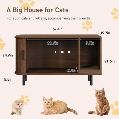 Cat Litter Box Enclosure with Cat Scratch Pad, Sliding Door, 37.4" Litter Box Enclosure Furniture Hidden Litter Box, Modern Indoor Cat House, TV Stand, Side End Table for Living Room, Walnut
