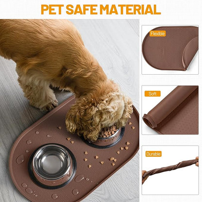 Hubulk 100% Waterproof Silicone Pet Feeding Mat with Raised Edge for Food and Water, Dog Bowl Mats, Cat Bowls Placemat with High Lip Protects Floor for Cats and Dogs (Brown, 19" L x 12" W)
