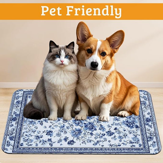 Blue Flower Dog Food Mat,Absorbent Pet Feeding Mat for Food and Water Bowl,Quick Dry Dog Placemat Non Slip Rubber Backing Waterproof Pet Supplies 16" x 24"