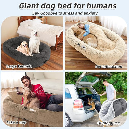 Human Dog Bed, 71''x45''x12'' Size Fits You and Pets, Washable Faux Fur Pet Bed for People Doze Off, Napping Orthopedic Dog Bed, Present Plump Pillow, Blanket, Strap - Beige