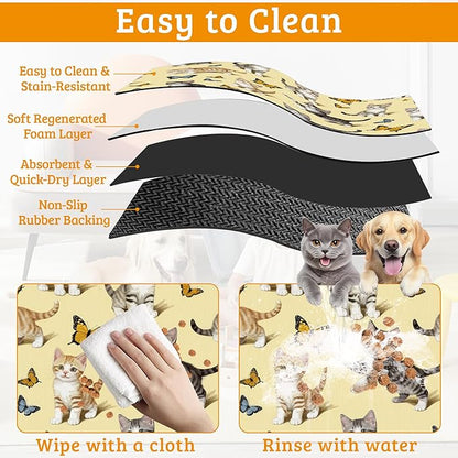 Dog Bowl Mat,Cute Cats Pet Feeding Mat for Floors Waterproof,Butterfly Absorbent Dogs Placemat for Food and Water Quick Dry Pet Cat Feeding Mats with Non Slip Bottom 16" x 24"