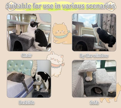 3-in-1 Pet Stairs for Cats for High Bed, Adjustable Dog Steps, Modular 3-Tier, Cushioned Steps & Big Cat Condo, Adjustable Entrance, Dangling Ball, for Kittens, Senior & Fat Cats (Grey, Large)