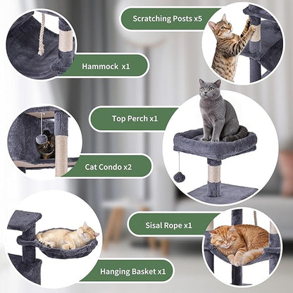 Cat Tree for Indoor Cats, 66 Inches Cat Tower with Scratching Post, Multi-Level Climbing Tree Cat House Padded Plush Perch, Cat Condo Activity Center with Pompoms, Kittens Pet Play House, Dark Gray
