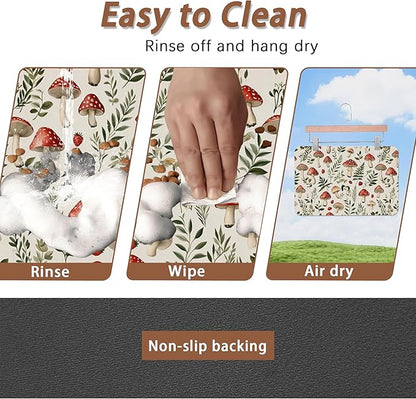 Red Mushroom Pet Feeding Mat,Fern Herb Berries Absorbent Quick-Dry Cat Dog Food and Water Bowl Mats,Non-Slip Rubber Backing Mat,Cat Dog Accessories Supplies 12"x20"
