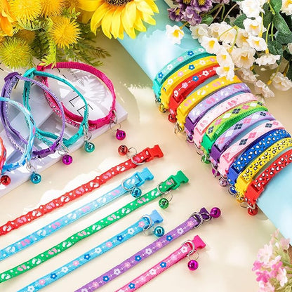Yunsailing 24 Pcs Cat Collars with Bells for Litter Cat Puppy Soft Nylon Whelping Adjustable Reflective Kitten Collars for Newborn Pets Dogs Kitten, Assorted Colors(Cute Pattern)