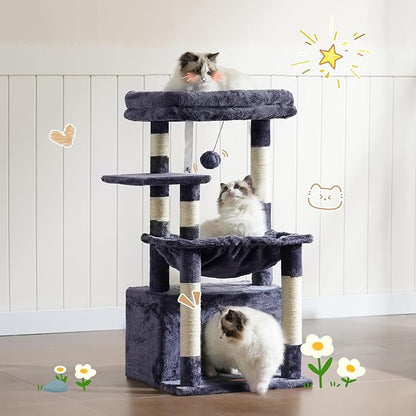 Heybly Cat Tree, Kitten Tower with Large Soft Cat Basket, Cat Condo with Spacious Cat Bed Cave with Hidden Space, Sisal-Covered Scratching Posts, Dangling Ball for Indoor Cats, Smoky Gray HCT008SG