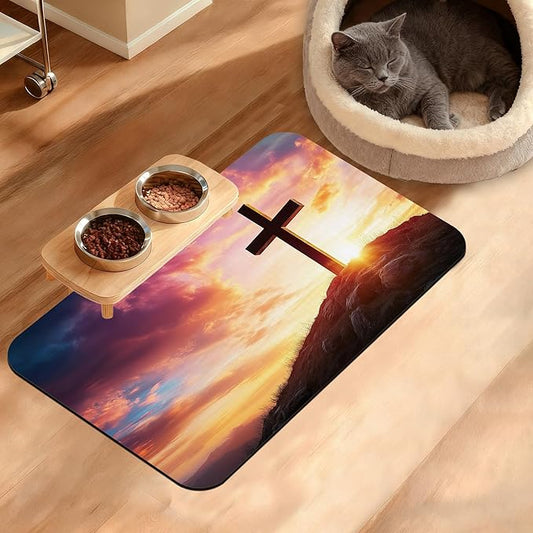 Pet Feeding Mat,Cross Absorbent Dog Cat Food Mat Sunset Dog Mat with Rubber Backing,Non-Slip Water Bowl Placemat,Pet Supplies 12" x 20"