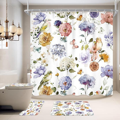 4 PCS Purple Floral Birds Bathroom Set with Shower Curtain and Rugs 72Wx72H Inch Classical Watercolor Non-Slip Bath Rug Toilet Lid Cover and U Shape Mat Accessories 12 Hooks Bathoom Decor