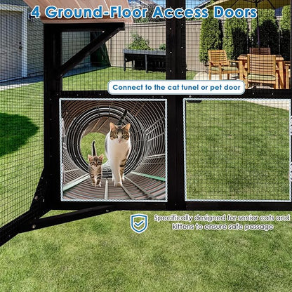 71.1" L Large Cat Catio Outdoor Cat Enclosure Window Acess, Walk-in Cat Cage Cat House for Multiple Indoor Outdoor Cats, Outside Patio 6 Doors Weatherproof Roof