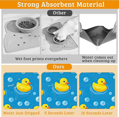 Yellow Rubber Ducks Dog Food Mat,Soap Bubbles Absorbent Pet Feeding Mat for Food and Water Bowl,Quick Dry Dog Placemat Non Slip Rubber Backing Waterproof Pet Supplies 12" x 20"