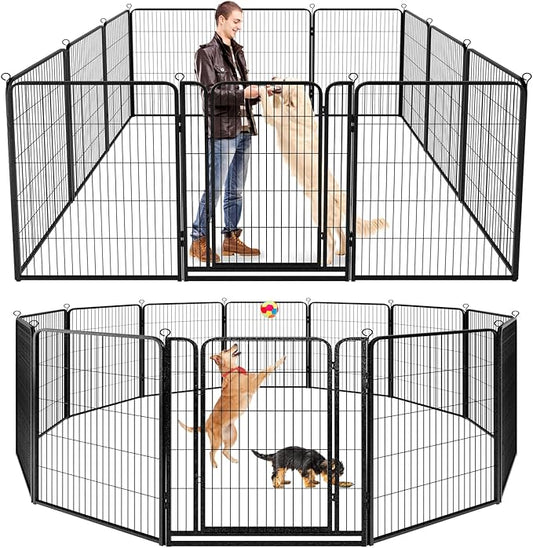 Dog Playpen Outdoor Extra Wide 12 Piece Panels Heavy Duty Dog Fence 47" Height Anti-Rust with Doors Portable for RV Camping Yard, Total 32FT, 79 Sq.ft, Snowy Black