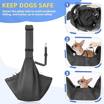 SlowTon Dog Carrier Sling - Thick Padded Shoulder Strap Adjustable Dog Carriers for Small Dogs, Puppy Carrier Purse for Pet Cat with Front Zipper Pocket Safety Belt Machine Washable (GY, L)