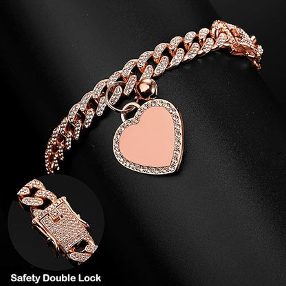 Hillban Dog Chain Gold-Plated Diamond Collar with Heart Rhinestones Jewelry Pet ID Tag Chain Bling Puppy Collar with Personalized Name Tag for Small Medium Large Dog Cat(Rose Gold,8 Inch)
