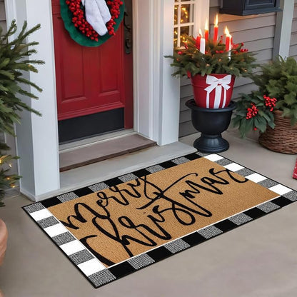 Tinideya 2 Pcs Door Mat Welcome Non Slip Coir Mats Floor Layering Doormats Seasonal for Front Porch Entryway Decor(Merry Christmas)