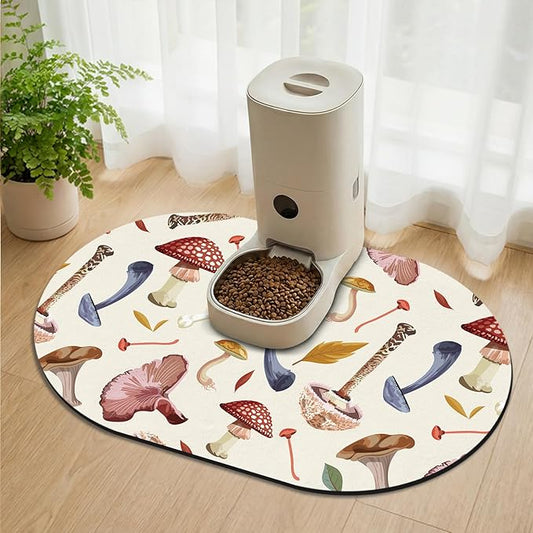Large Pet Feeding Mat – 28''x17'' Absorbent Dog Mat for Food and Water, Easy Clean Cat Dog Water Bowl Mat, Non-Slip Pet Water Mat Protect Floor, Fit with Automatic Feeders and Double-Bowl, Mushroom