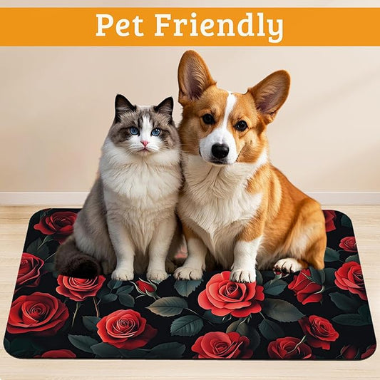 Retro Rose Feeding Mat,Green Leaf Absorbent Quick-Dry Cat Dog Food and Water Bowl Mats,Non-Slip Rubber Backing Mat,Cat Dog Accessories Supplies 12" x 20"