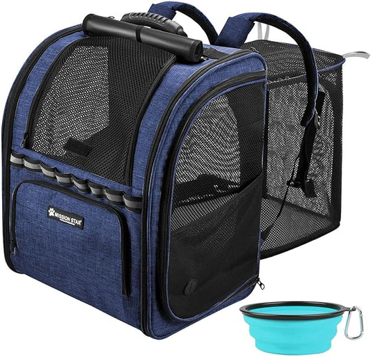 Expandable Cat Carrier Backpacks with Breathable Mesh, Pet Carrier Backpack for Cats Small Dogs Puppies Up to 20 Lbs, Dog Carrier Backpack Great for Travel/Hiking/Camping/Outdoor-Dark Blue