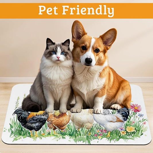 Chicken Rooster Dog Cat Food Mat,Green Grass Absorbent Waterproof Placemat for Food and Water Non Slip Rubber Backing Durable Feeding Pad for Clean Floors 16" x 24"