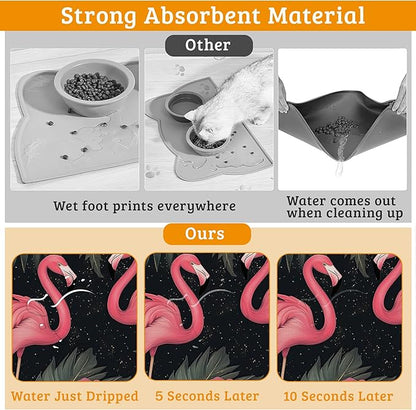 Pet Feeding Mat,Pink Flamingo Absorbent Dog Cat Food Mat Palm Leaves Dog Mat with Rubber Backing,Non-Slip Water Bowl Placemat,Pet Supplies 16" x 24"