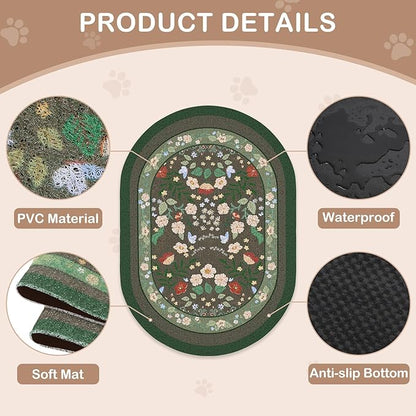Bienbee Cat Litter Mat, 33" x 22" Large Size Litter Box Mat Rug with Non-Slip Bottom,Urine and Water Proof, Easy to Clean Cat Supplies Essentials for Indoor Kitty Kitten Floor,Green Flowers L