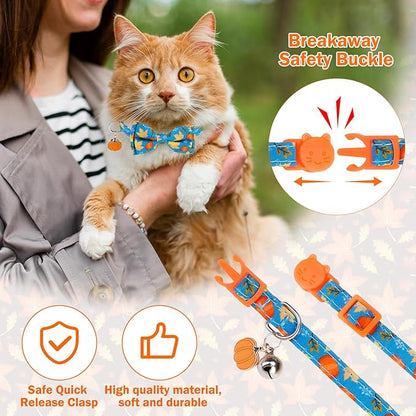 Breakaway Cat Collar Thanksgiving 2 Pack - Fall Pumpkin & Turkey Bow Tie with Bell, Safe Adjustable Kitten Collars for Holiday, Fits Cats and Small Puppies