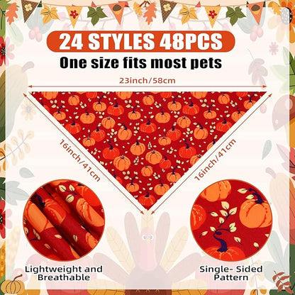 Sanwuta 48 Pcs Dog Bandanas Bulk Pet Bibs Colorful Scarf Pet Bandanas Handkerchief Scarf Breed Accessories for Small Medium Large Dogs Girl Boy Adjustable Puppy Bandana Breed Bib (Thanksgiving)