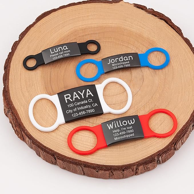 Anavia Slide On Silent Pet ID Tags, S/M/L/XL Personalized Black Stainless Steel Colored Silicone Cat Dog Name Tag, Customized Engraved Nameplate, Quiet Chew-Proof Pet Collar Tag (Black, X-Large)