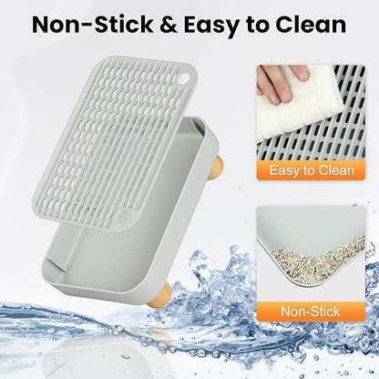 Litter Box Step, Litter Box Ramp/Catcher with Wooden Base, Anti-Tracking & Easy to Clean, Ideal for Small & Elderly Cats (Grey)