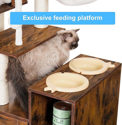 Hey-brother Cat Tree with Litter Box Enclosure, Modern Cat Tower for Indoor Cats with Large Platform, Condo Food Station and 2 Hammocks, All-in-one Cat Furniture, Wood Rustic Brown MPJ115SR