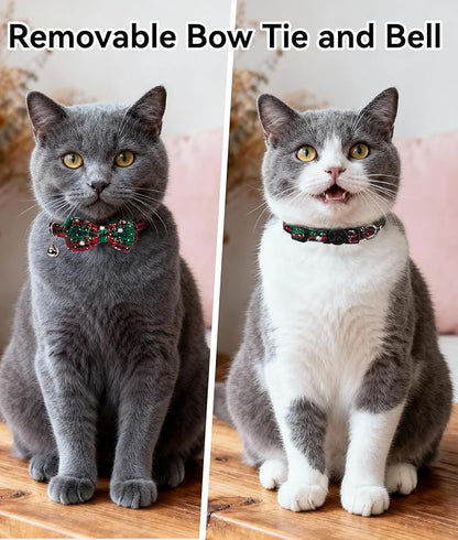 Joytale 2 Pack Christmas Cat Collar with Bells, Breakaway Cat Collars with Bow Tie, Girl Boy Safety Plaid Kitten Collars, Christmas Red+Green