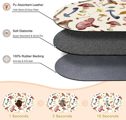 24''x16'' Absorbent Dog Food Mat, No Stains Quick Dry Pet Water Mat Protect Floor, Cat Dog Water Bowl Mat for Messy Drinkers, Non-Slip Rubber Base Pet Placemats for Food and Water, Mushroom