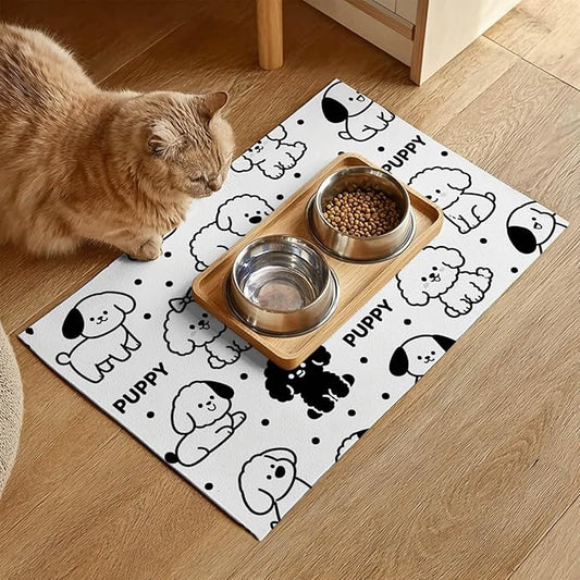 Puppy Pattern Pet Feeding Mat 24x16 Inch Cute Pet Feeding Area Mat Pet Food Mat Pet Mats for Food and Water Dog Mat for Food and Water Indoor Feeding Corner Kitchen Floor Decor