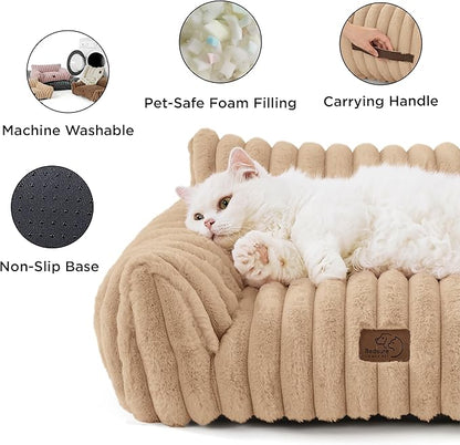 Bedsure ComfyFleece™ Cute Cat Couch for Pets - As Seen on TV on Good Day New York, Fuzzy Cats beds for Indoor Cats with Removable Washable Cover, Supportive Pet Sofa, 24inch, Sandy Beige