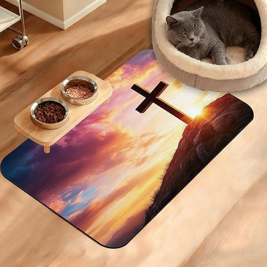 Pet Feeding Mat,Cross Absorbent Dog Cat Food Mat Sunset Dog Mat with Rubber Backing,Non-Slip Water Bowl Placemat,Pet Supplies 16" x 24"
