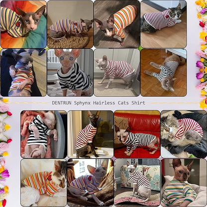 DENTRUN Hairless Cats Shirt Breathable Cat Daily Wear Clothes Stripe Vest Adorable Pajamas Jumpsuit Soft & Skin-Friendly