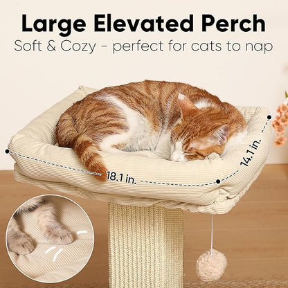 FUKUMARU Cat Scratching Post, Modern Style Tall Scratch Posts with Perch for Infoor Cats Adults, Large Cat Scratcher Tower with Bed, Small Tree with Raised Stand, Natural Sisal & Solid Wood