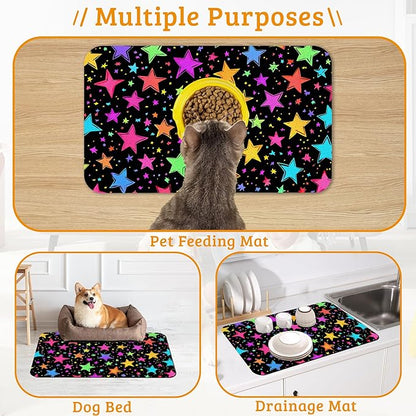 Neon Stars Dog Food Mat,Bright Colorful Absorbent Pet Feeding Mat for Food and Water Bowl,Quick Dry Dog Placemat Non Slip Rubber Backing Waterproof Pet Supplies 12" x 20"