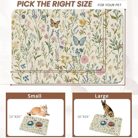Wildflowers Dog Cat Food Mat,Vintage Botanical Garden Plants Herb Butterfly Absorbent Pet Feeding Mat for Food and Water,Non-Slip Dog Bowl Mats Floor Protector 16"x24"