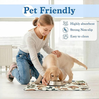 Vintage Mushroom Floral Dog Cat Food Mat–Christmas Stocking Absorbent Waterproof Placemat for Food and Water Bowls, Non Slip Rubber Backing, Feeding Mat for Clean Floors 12"x20"
