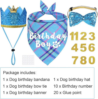 Dog Birthday Party Supplies, Multi Sizes Dog Birthday Bandana Boy Dog Birthday Hat Crown with Birthday Numbers Bow Tie for Large Extra Large Dogs Pets (Light Blue, X-Large)