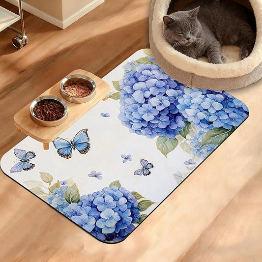 Pet Feeding Mat,Blue Hydrangea Absorbent Dog Cat Food Mat Butterfly Floral Dog Mat with Rubber Backing,Non-Slip Water Bowl Placemat,Pet Supplies 16" x 24"