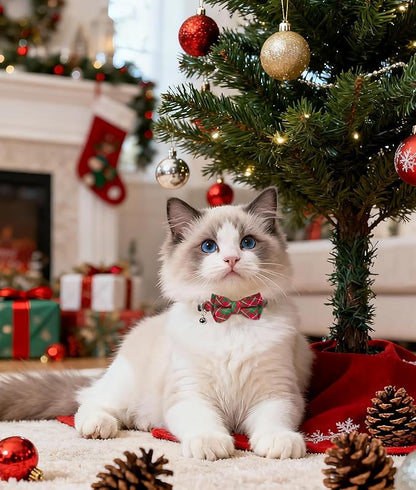 Joytale Upgraded Christmas Cat Collar with Bells, Breakaway Cat Collars with Bow Tie, 1 Pack Girl Boy Safety Plaid Kitten Collars, Red+Green Plaid